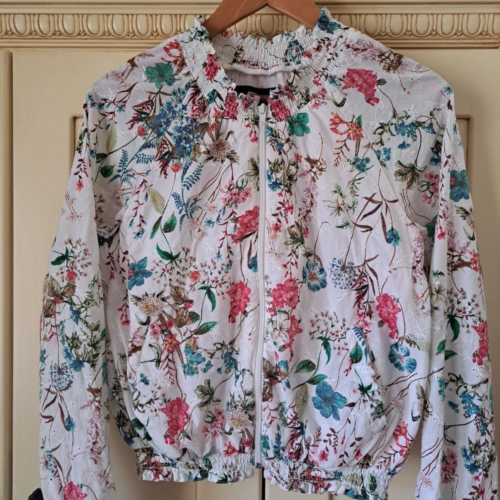 Sanctuary In Bloom White Floral Print Full Zip Bomber Jacket Sz Sm